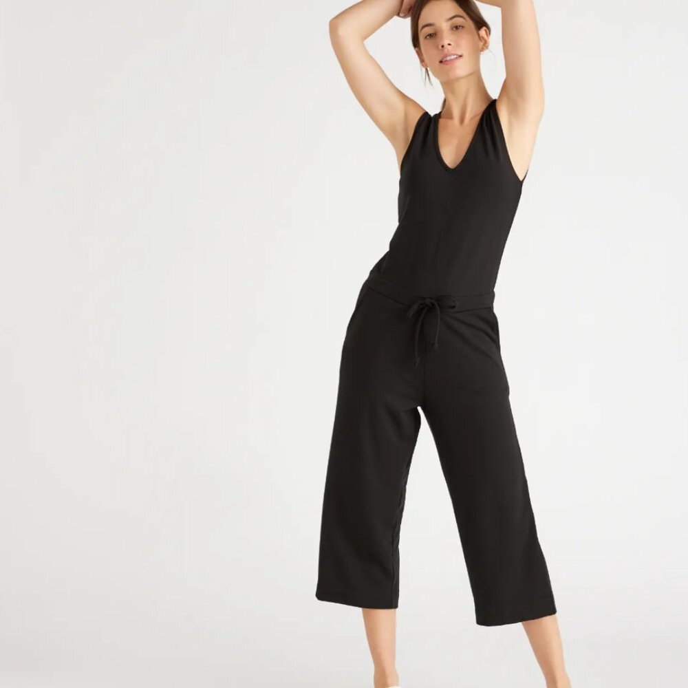 Quince Women’s Black French Terry Modal Jumpsuit sz XS NWT Sleeveless V-neck